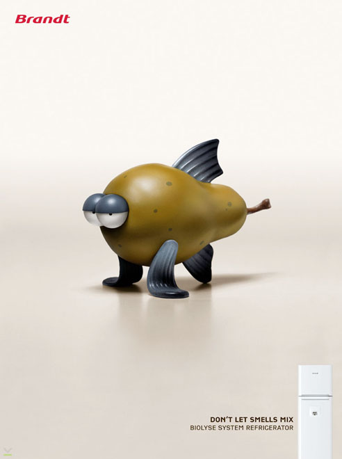 publicité Brandt - réfrigérateur - mélange d'odeurs - Poisson - Poire