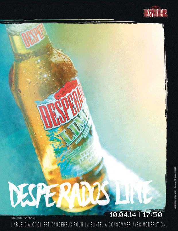Publicité Desperados - Moments - 10/04/14 - 17h50 - Desperados Lime - Photo d'une bouteille penchée de jour - Agence Dufresne Corrigan Scarlett - Photo Ben Stockley - 2014