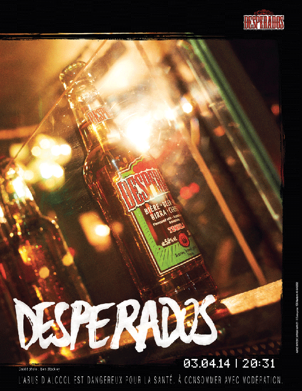 Publicité Desperados - Moments - 03/04/14 - 20h31 - Desperados - Photo d'une bouteille de face penchée à gauche - Agence Dufresne Corrigan Scarlett - Photo Ben Stockley - 2014