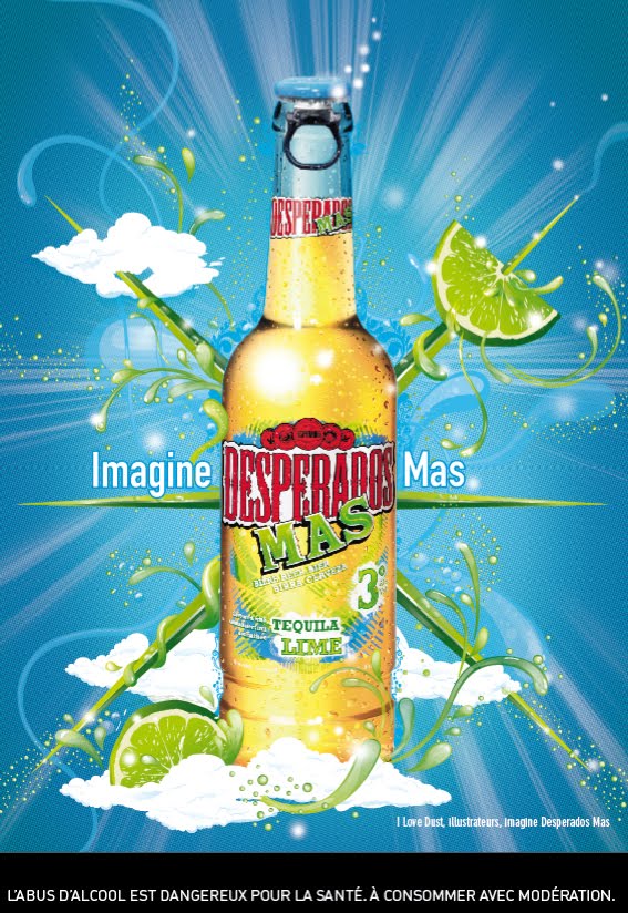 Publicité Desperados - Imagine Desperados Mas - Fond Bleu nuageux, bouteille traversée par des feuilles - Agence Dufresne Corrigan Scarlett - 2010