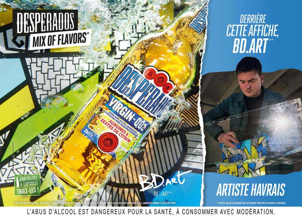 Publicité Desperados - Mix of Flavors - bouteille de Virgin 0,0% - Derrière cette affiche BD.ART - Le Havre - Agence Service Plan - 2023