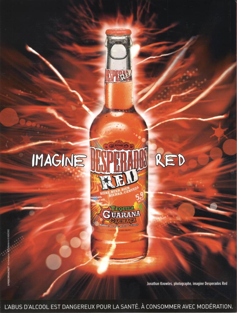 Publicité Desperados - Imagine Desperados Red - Fond rouge, bouteille semble traversée par des éclairs - Agence Dufresne Corrigan Scarlett - 2010