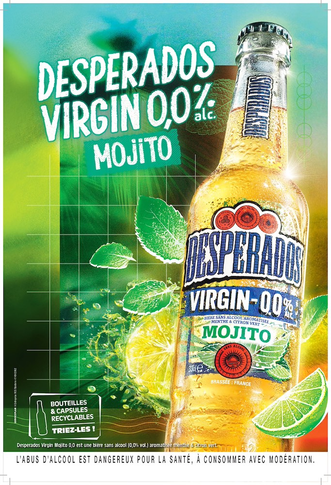 Publicité Desperados - Virgin 0,0% Mojito - Bouteille au premier plan devant des citrons vert et des feuilles de menthé - fond vert quadrillé - Agence Service Plan - 2022