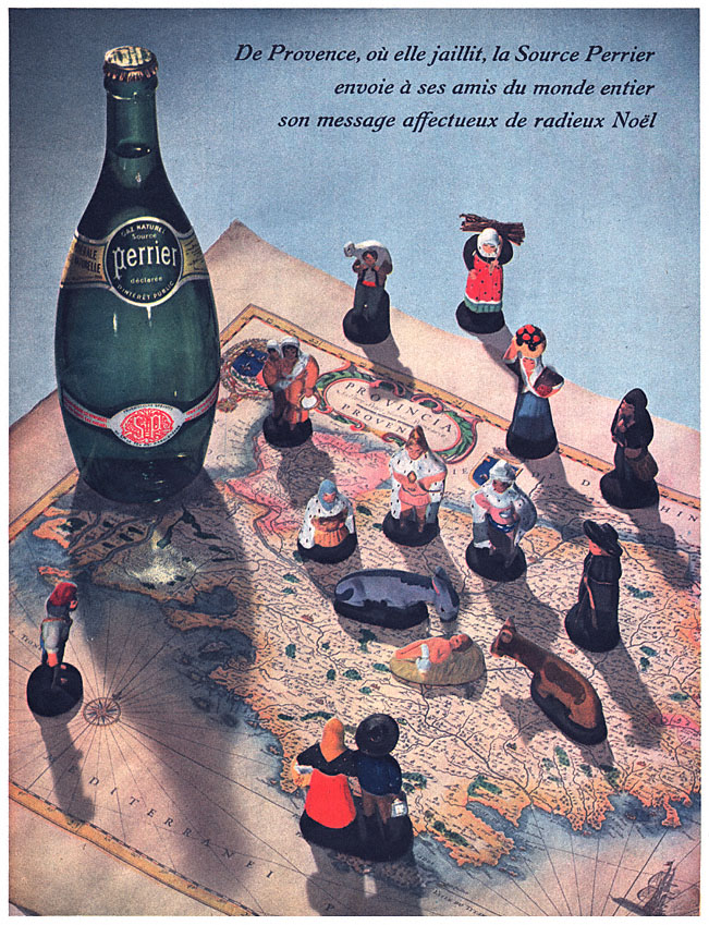 Publicité Perrier - Noël - Une bouteille et des santons sur une carte - 1951