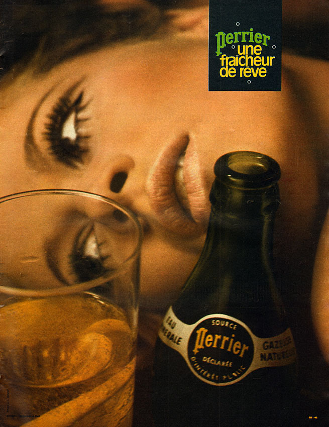 Publicité Perrier - Une fraîcheur de rêve - Une femme couchée près d'un verre et d'une bouteille - Agence Langelaan & Cerf - 1968