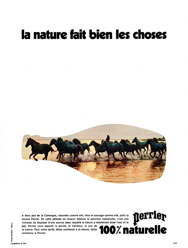Publicité Perrier - La nature fait bien les choses - 100% naturelle - Image de chevaux dans l'eau en forme de bouteille - Agence Langelaan & Cerf - 1971