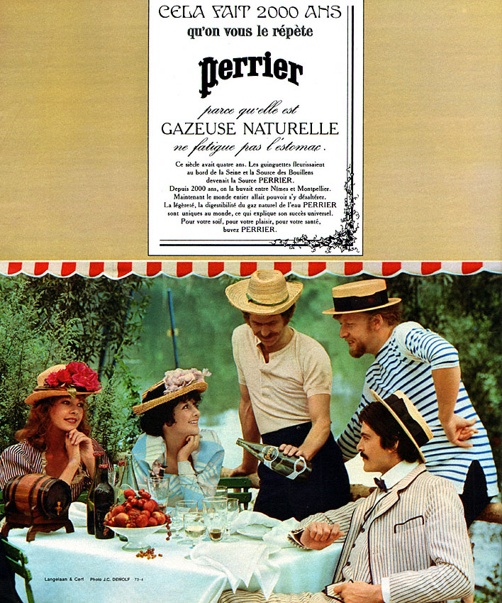 Publicité Perrier - Cela fait 2000 ans qu'on vous le répète  - Référence tableau impressionniste - Hommes et femmes au bord d'une rivière - Agence Langelaan & Cerf - 1972