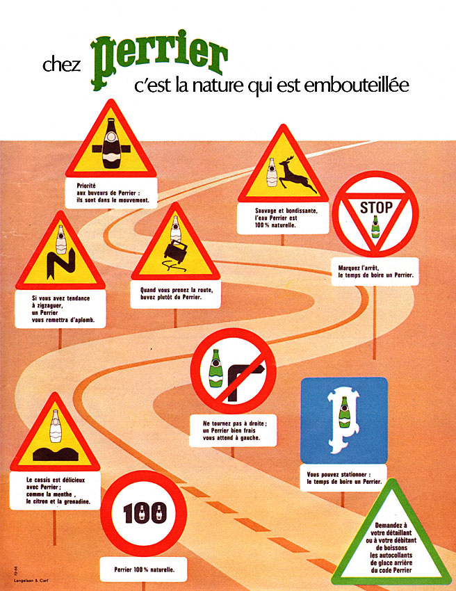 Publicité Perrier - Chez Perrier, c'est la nature qui est embouteillée - Panneaux routiers faisant référence à Perrier - Agence Langelaan & Cerf - 1972