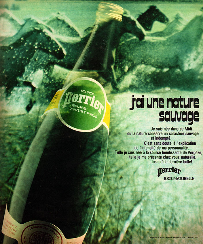 Publicité Perrier - J'ai une nature sauvage - Des chevaux au galop traités dans des tons verts - Agence Langelaan & Cerf - 1975
