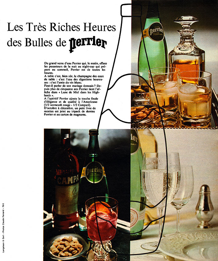 Publicité Perrier - Les très riches heures des bulles Perrier - Différentes mises en scène de bouteilles avec de l'alcool   - Agence Langelaan & Cerf - 1975