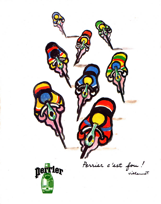 Publicité Perrier - C'est fou - Des cyclistes - Dessin Villemot - 1983