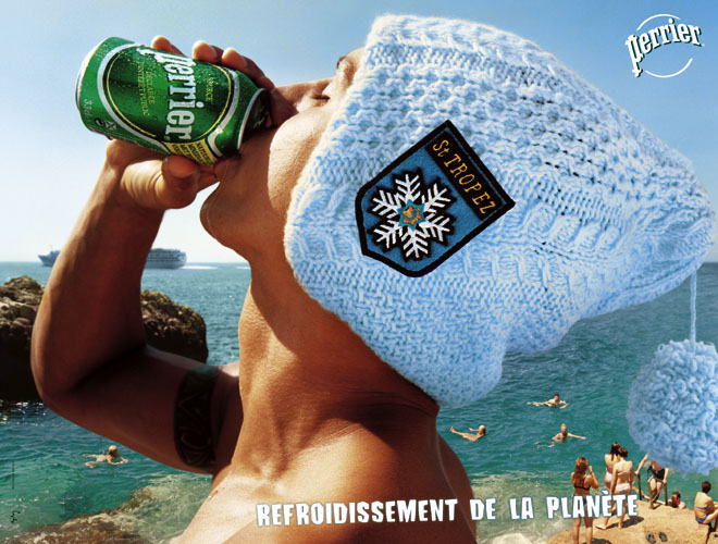 Publicité Perrier - Refroidissement planète - Bonnet plage