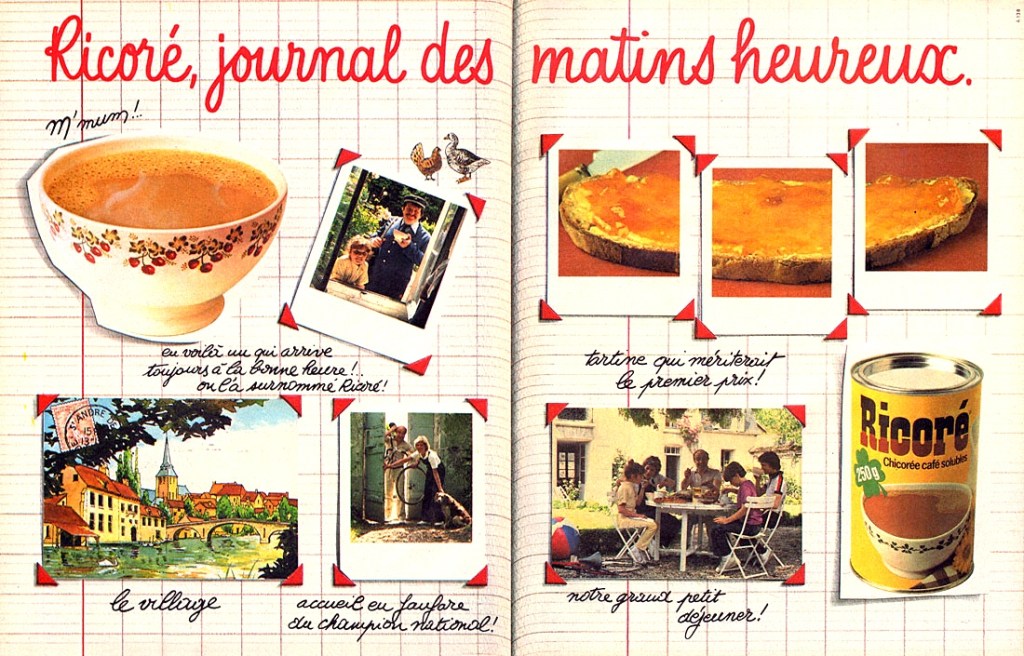 Publicité Ricoré - Journal des matins heureux - Collage photos - double page - Village - Tartine - 1981