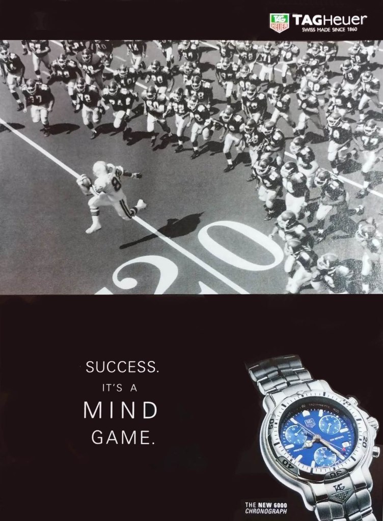 Publicité Tag Heuer - Success it's a mind game - Footballeur américain poursuivi - 20 yards - Agence BDDP - 1995