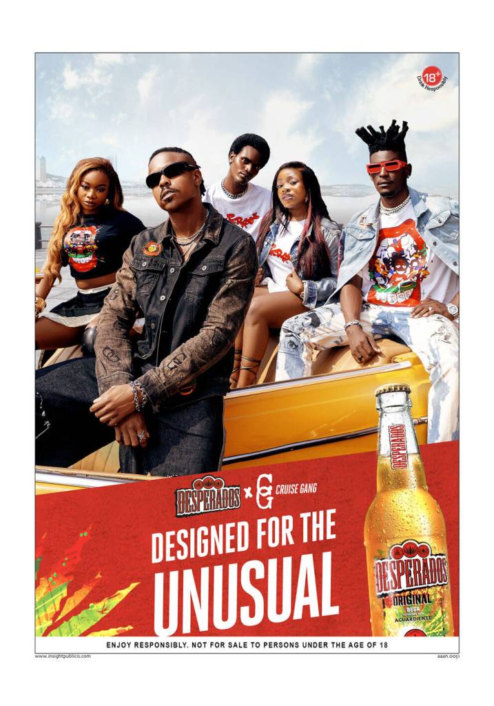 Publicis Desperados - Designed for the unusual - Desperados X Cruise - Groupe de 5 personnes dans une voiture décapotable jaune prend la pose  - Agence Insight Publicis - 2024