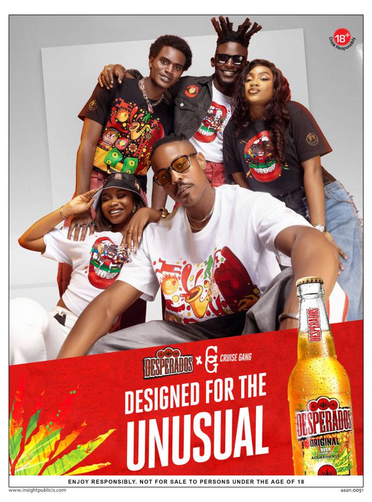 Publicis Desperados - Designed for the unusual - Desperados X Cruise - Groupe de 5 personnes dans un intérieur blanc et gris prennent la pose   - Agence Insight Publicis - 2024
