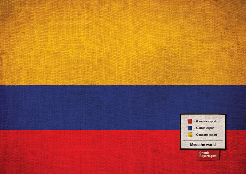 Campagne Grand Reportagem - Portugal - Presse - Colombie : Rouge : Exportation de bananes Bleu : Exportation de café Jaune : Exportation de Cocaïne