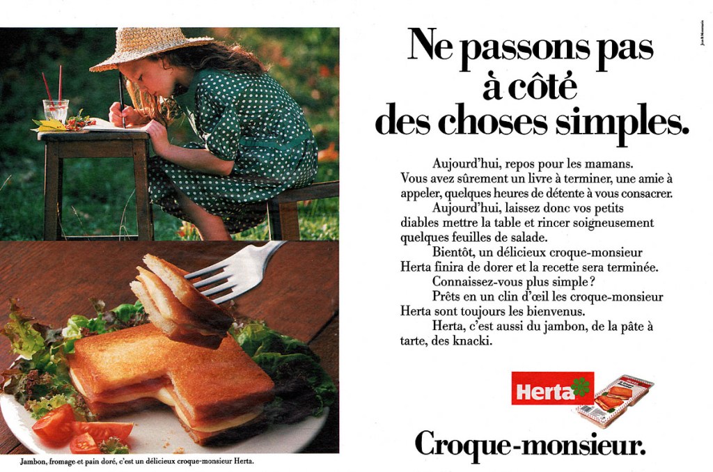 Annonces Presse - Herta - Ne passons pas à côté des choses simples - Croque monsieur - Fillette dessine sur une petite table  - Agence Jean&Montmarin - 1990