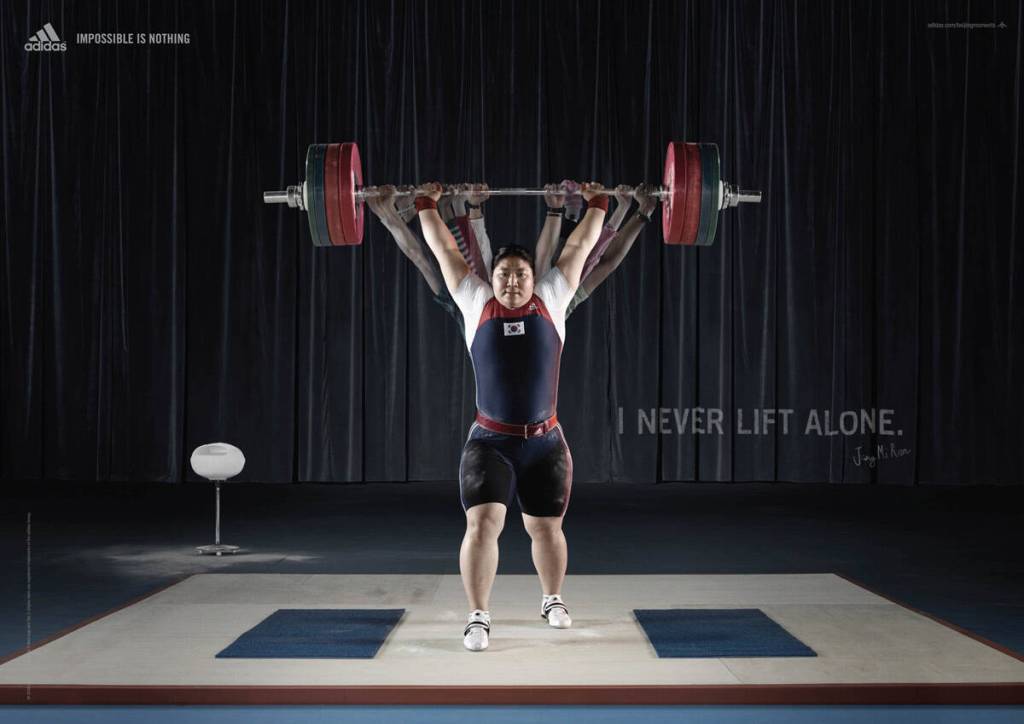 Campagne Adidas - Impossible is nothing - JO Pekin - I never lift alone - Haltérophile
