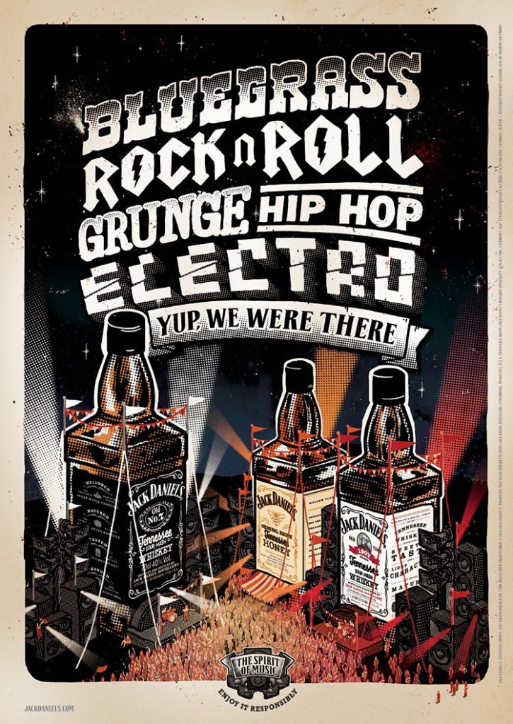 Publicité Jack Daniel's - Spirit of Music - Bluegrass Rock'n roll Grunge Hip Hop Electro