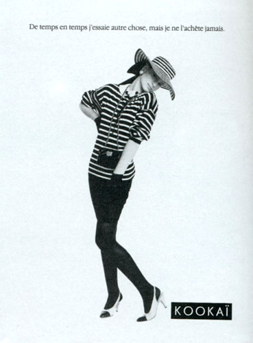Publicité Kookaï - Noir et blanc - 1987 - De temps en temps, j'essaie autre chose mais je ne l'achète jamais