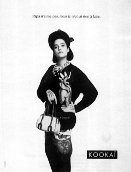 Publicité Kookaï - Noir et blanc - 1987 - Papa n'aime pas mais j'en ai rien à faire