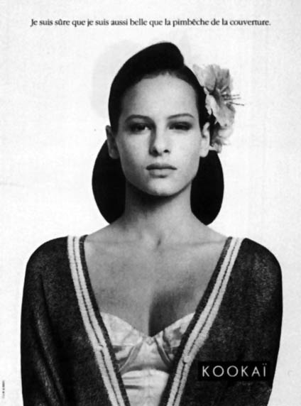 Publicité Kookaï - Noir et blanc - 1987 - Je suis sûre que je suis aussi belle que la pimbêche de la couverture