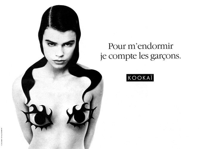 Publicité Kookaï - Noir et blanc - 1988 - Pour m'endormir, je compte les garçons