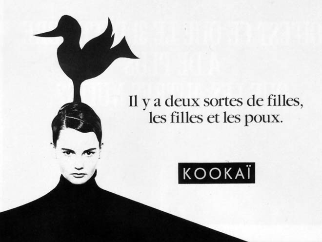 Publicité Kookaï - Noir et blanc - 1988 - Il y a deux sortes de filles, les filles et les poux