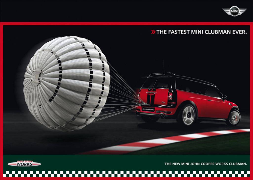 Publicité Mini - Parachute - Suisse - Clubman - The fastest Mini clubman ever