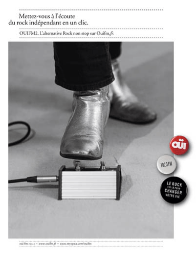 Publicité OuïFM - Programmations - OuïFM2 l'alternative rock non stop - pédale 