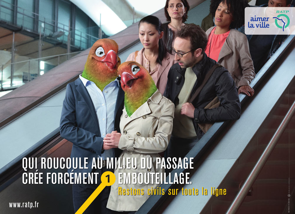 Affiches RATP - Restons civils sur toute la ligne - Inséparables - Embouteillage escalator