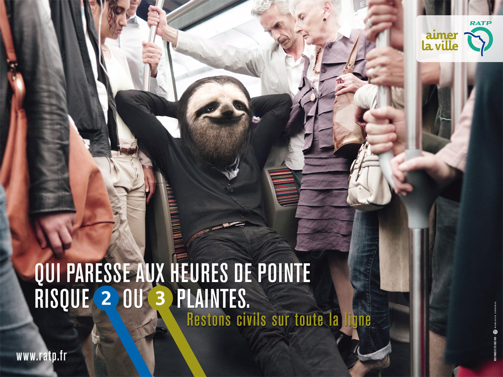 Affiches RATP - Restons civils sur toute la ligne - Paresseux - Assis - Heures de pointe