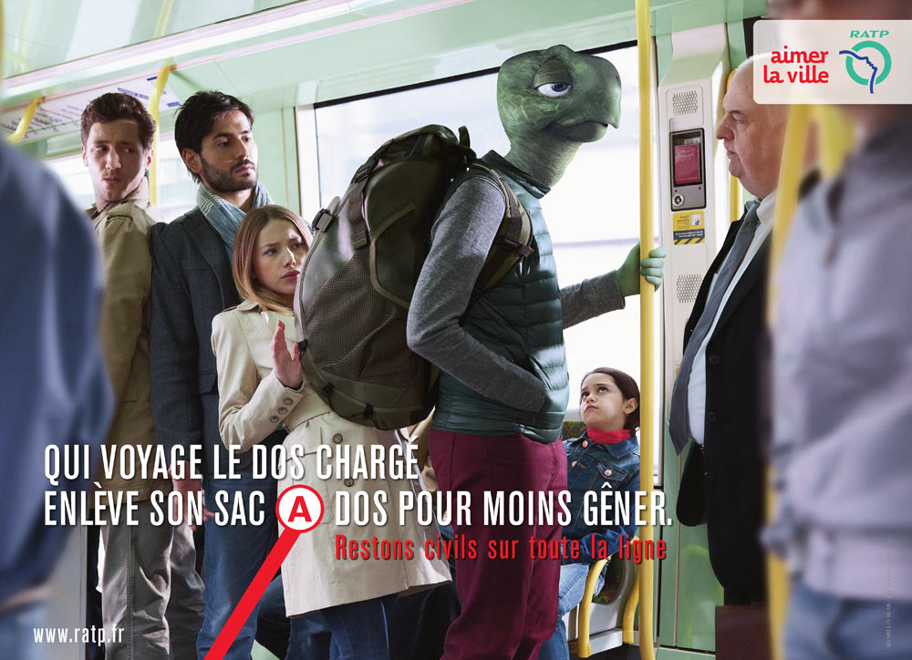 Affiches RATP - Restons civils sur toute la ligne - Tortue - Sac à dos