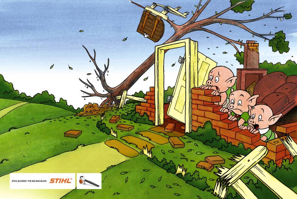 publicité Stihl - souffleur - référence - Les 3 petits cochons