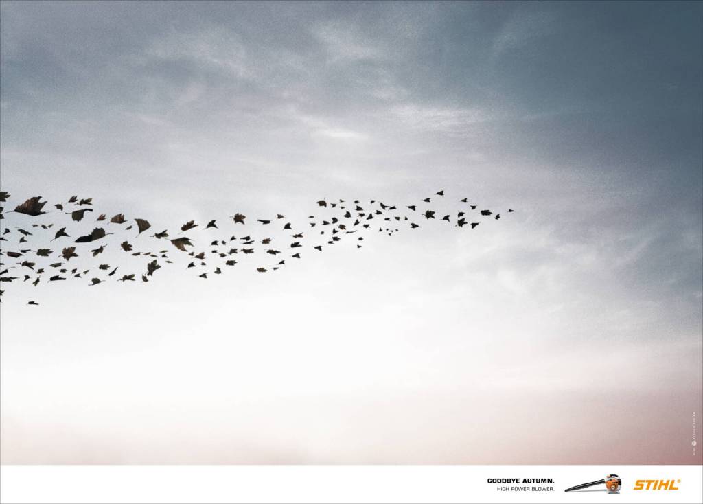 Publicité Stihl - Souffleur - Feuilles - Vol d'oiseaux - Au revoir l'automne