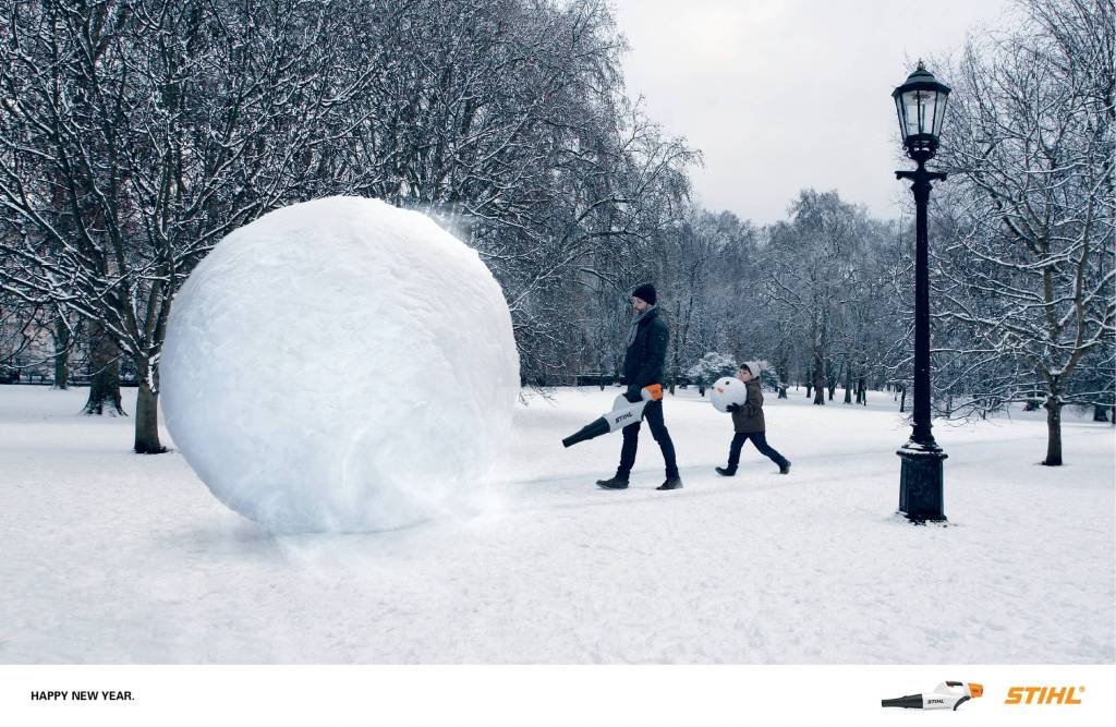 Publicité Stihl - Bonne année - Souffleur - Boule de neige