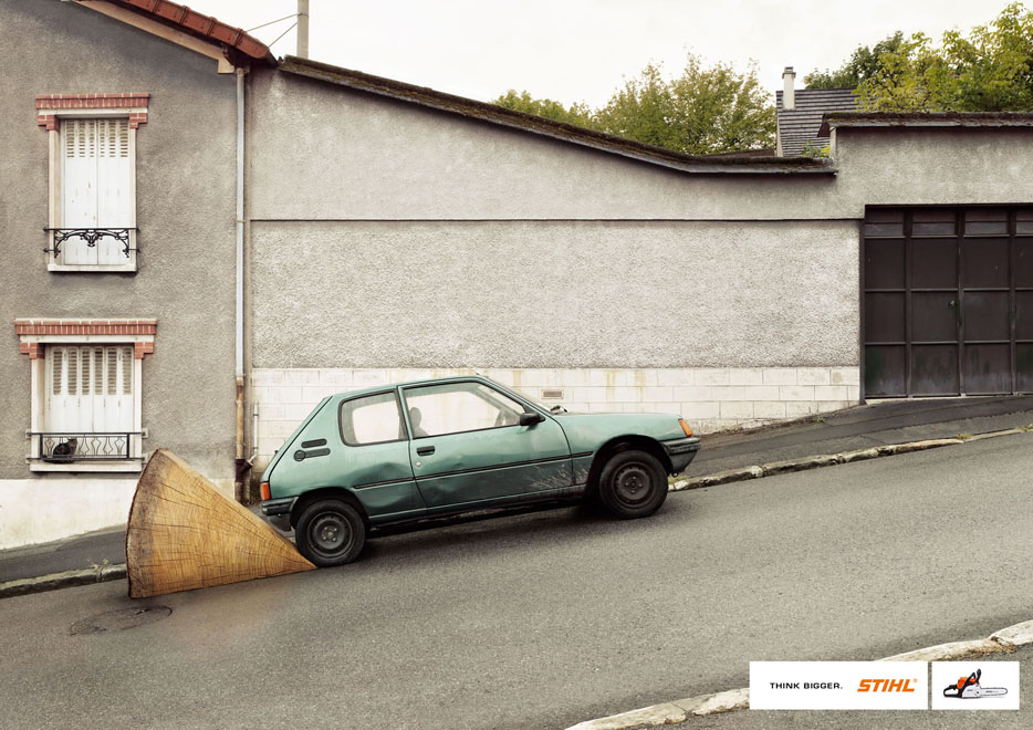Publicité Stihl - Pensez grand - 2006 - Tronçonneuse - Cale - Tronc