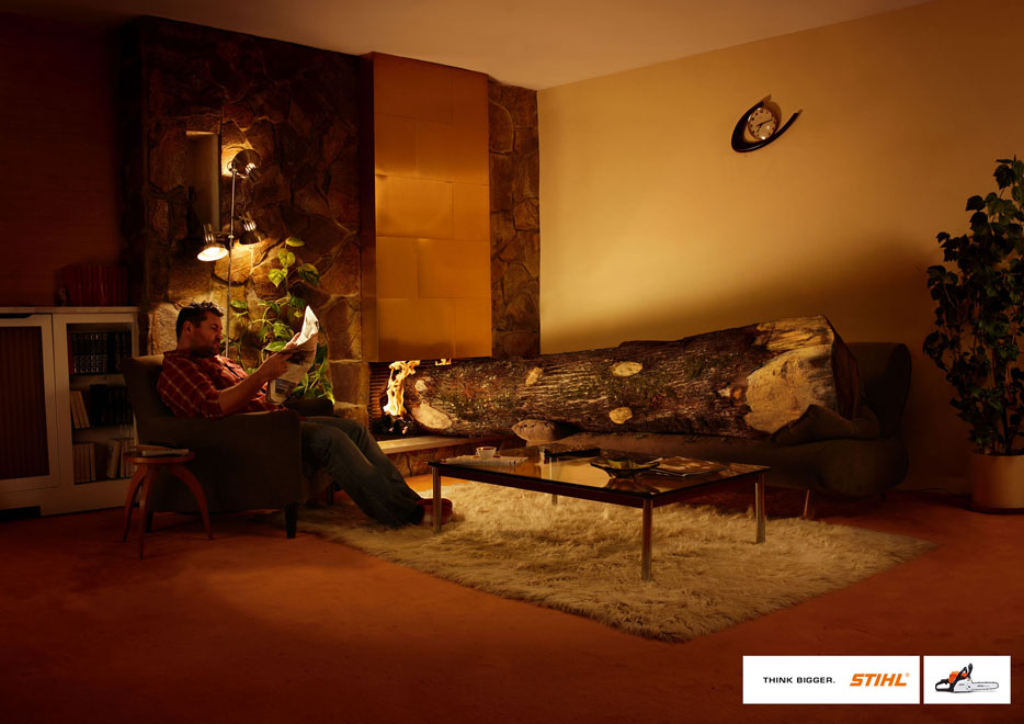 Publicité Stihl - Pensez grand - 2006 - Tronçonneuse - Cheminée - Tronc