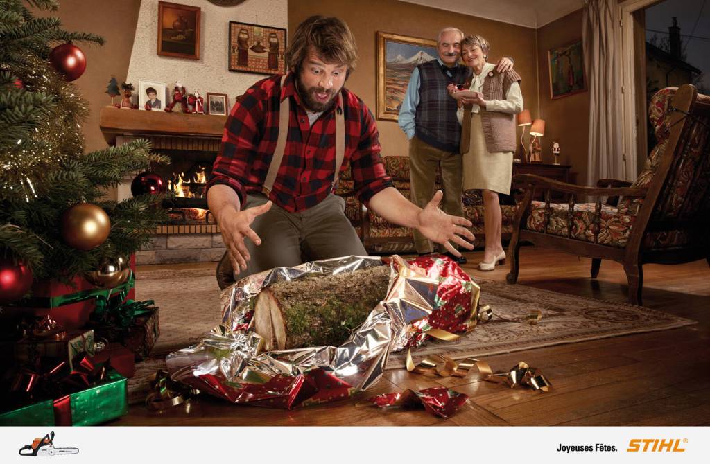 Publicité Stihl - Noël - Cadeau - Bûche