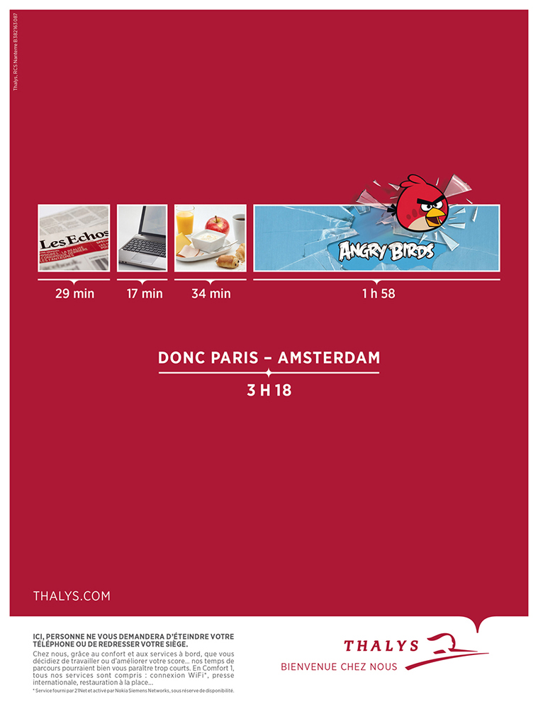 Publicité Thalys - Temps utile - Paris Amsterdam - Angry Bird