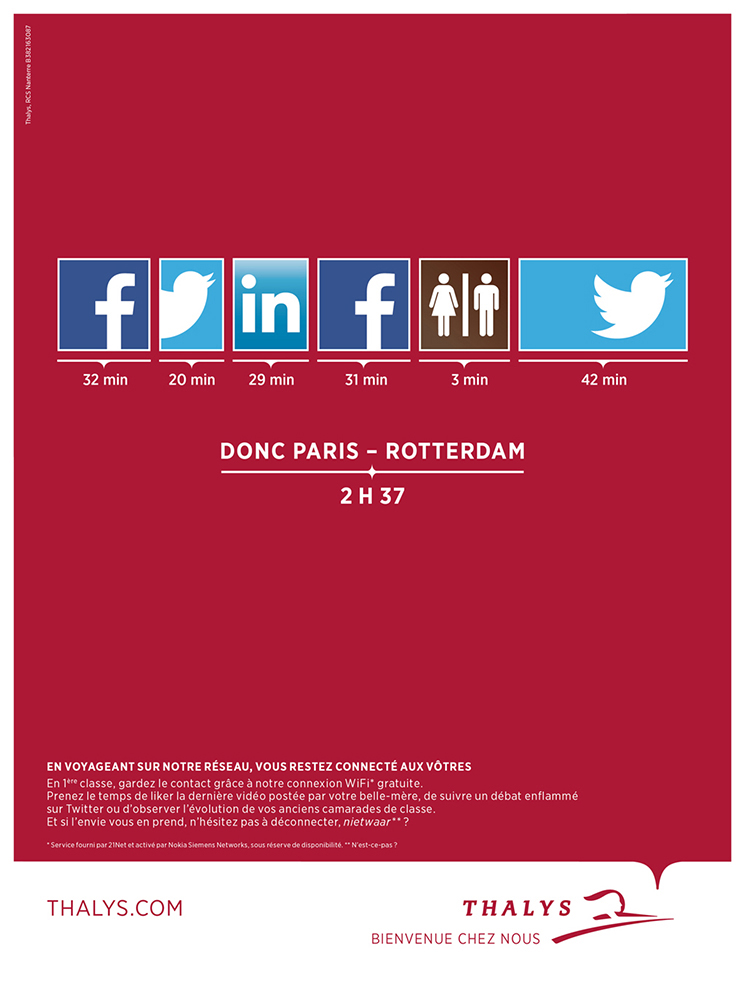 Publicité Thalys - Temps utile - Paris Rotterdam - Réseaux sociaux - Toilettes