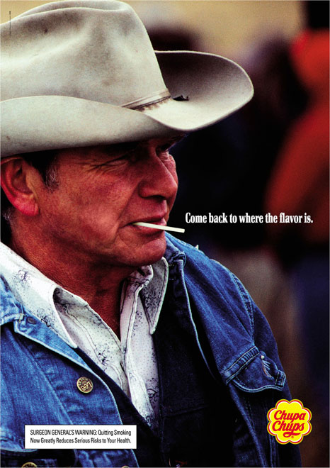 Publicité Chupa Chups - Référence -  Marlboro - Come back to where the flavor is - Cow Boy - 2005