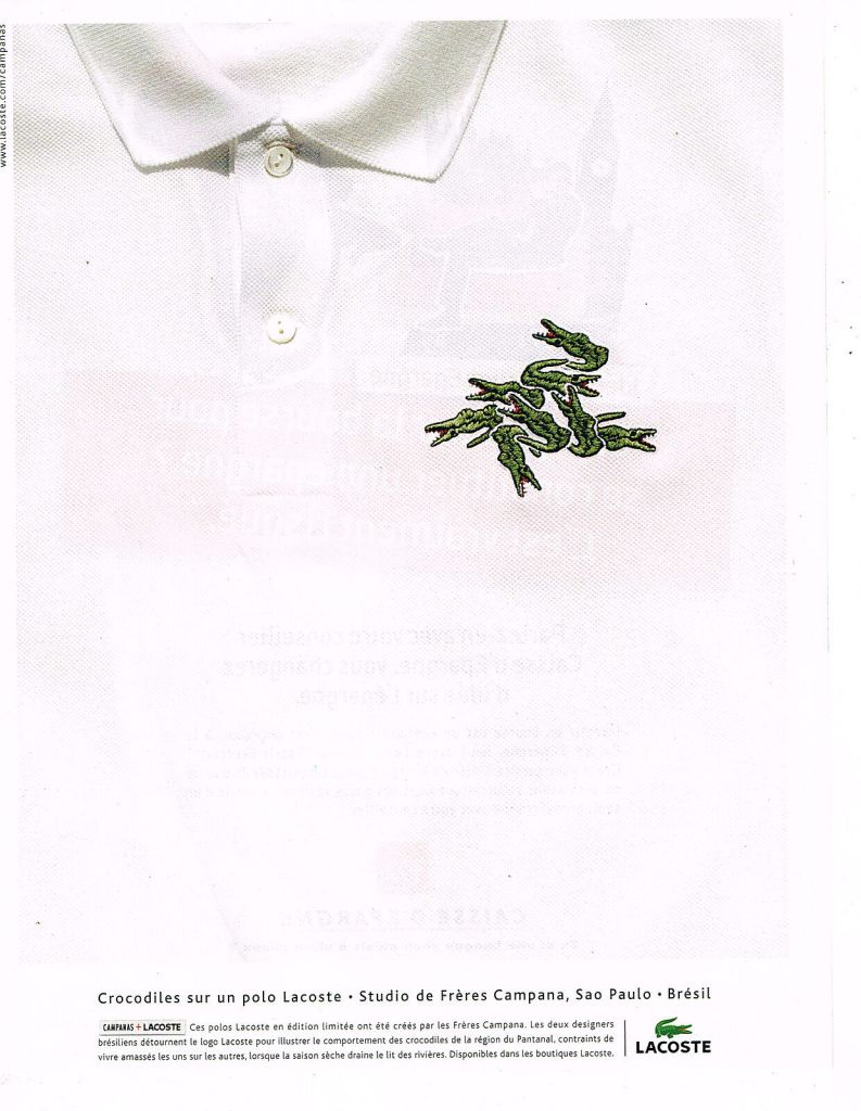 Publicité Lacoste - Collaboration Frères Campana - Mélange de crocodiles sur polo blanc - 2009
