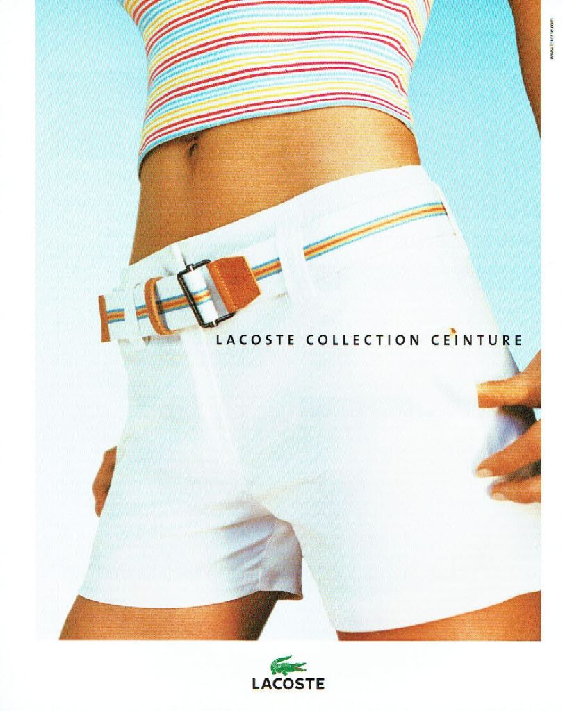 Publicité Lacoste - Page simple - Plage - Femme - short blanc -Collection ceinture - 2002