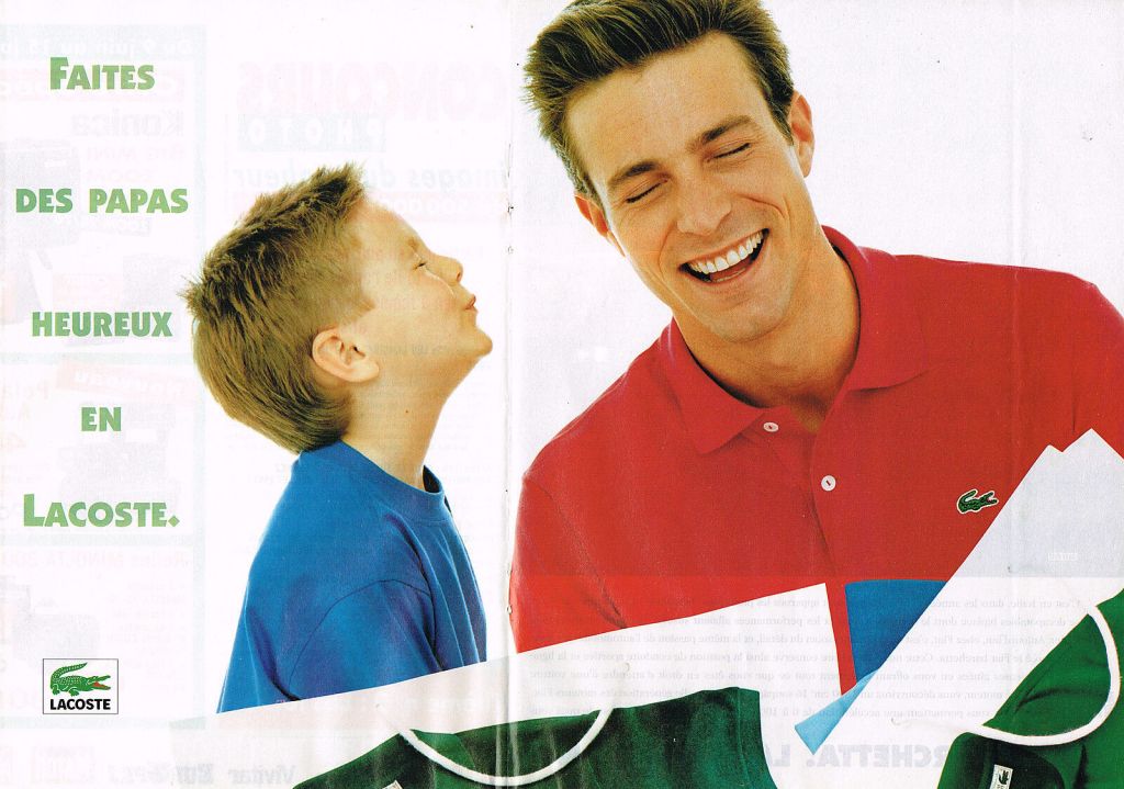 Publicité Lacoste - Double page - Fête des pères - Faites des papas heureux en Lacoste - 1995