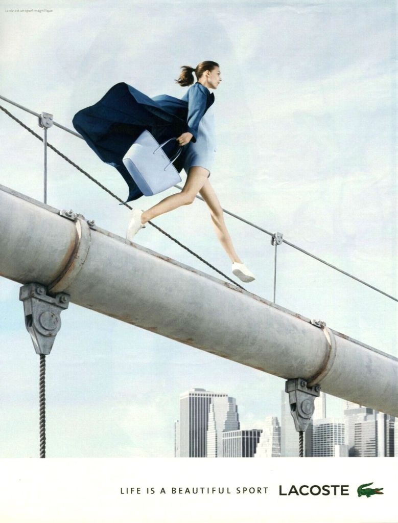 Publicité Lacoste - Life is a beautiful sport - Agence BETC - urbain - Femme cable pont - page simple  - 2014