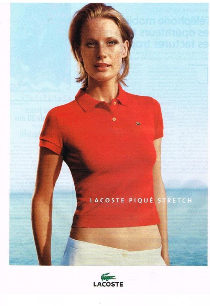 Publicité Lacoste - Page simple - Polo  rouge - Femme - Lacoste piqué Stretch - 2004