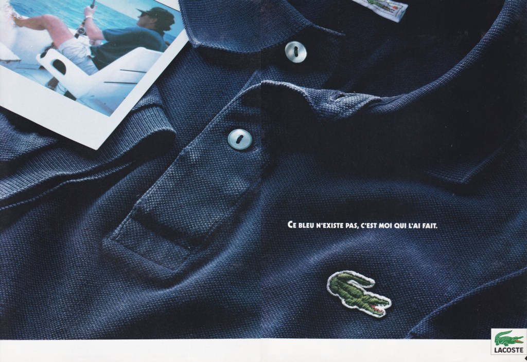 Publicité Lacoste - Double page - Couleur - Polo bleu marine - Ce bleu n'existe pas, c'est moi qui l'ai fait - 1990