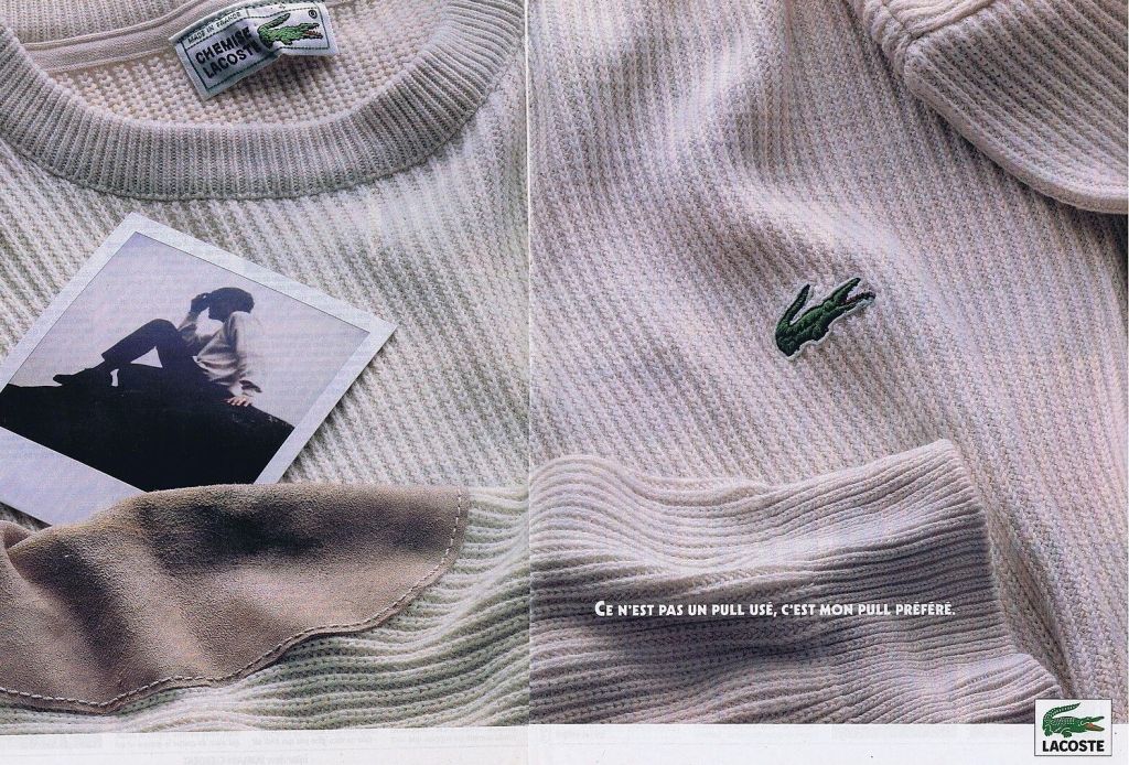 Publicité Lacoste - Double page - Couleur - Pull blanc - Ce n'est pas un pull usé, c'est mon pull préféré - 1991